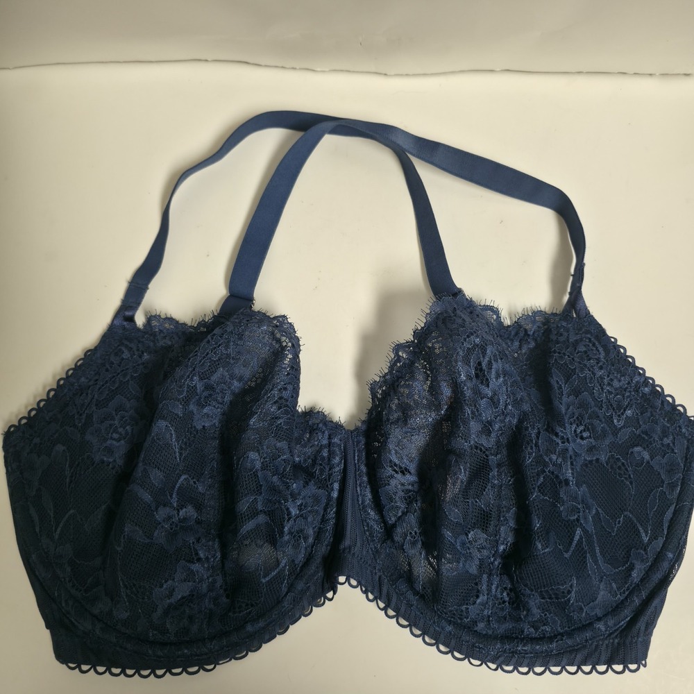 DOBREVA 34F Racer Back Floral Lace Blue Underwire Unlined Push Up Womens Bra